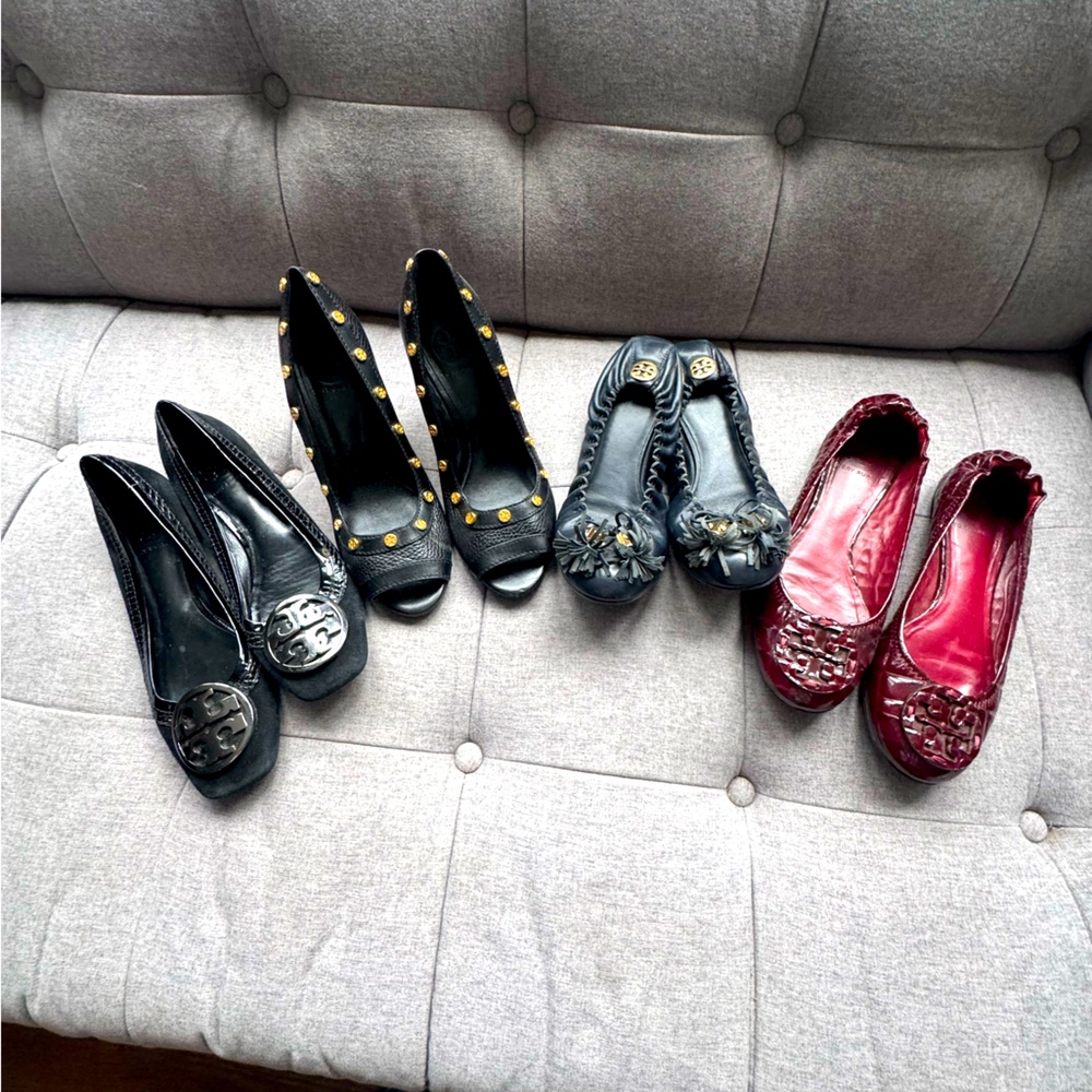 4 pairs Tory Burch- 3 flats, 1 wedge. All sized 8